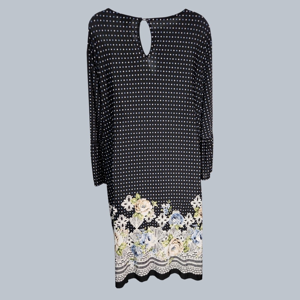 AVENUE Plus Size 26/28 4X Navy Blue Polka Dots Dress Floral Border Bell Sleeve - Picture 3 of 7